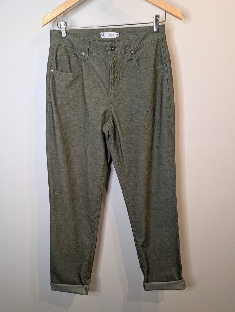Carve Designs Womens Olive Corduroy Skinny Pants Organic Cotton Stretch Size 6